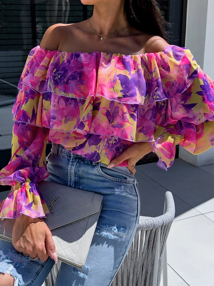 Blusa de gasa estampada con hombros descubiertos para mujer, camisa Sexy con volantes y cuello oblicuo, estilo playero, moda de verano