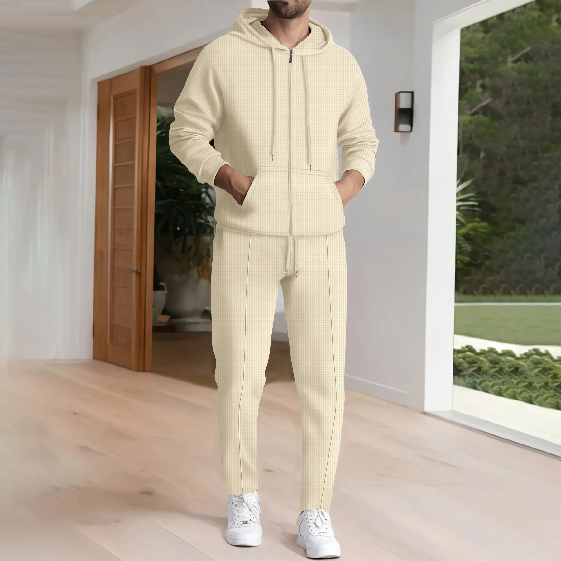 

Winter New Waffle Pocket Zipper Hooded Long-sleeved Jacket Trousers Sports Suit for Men