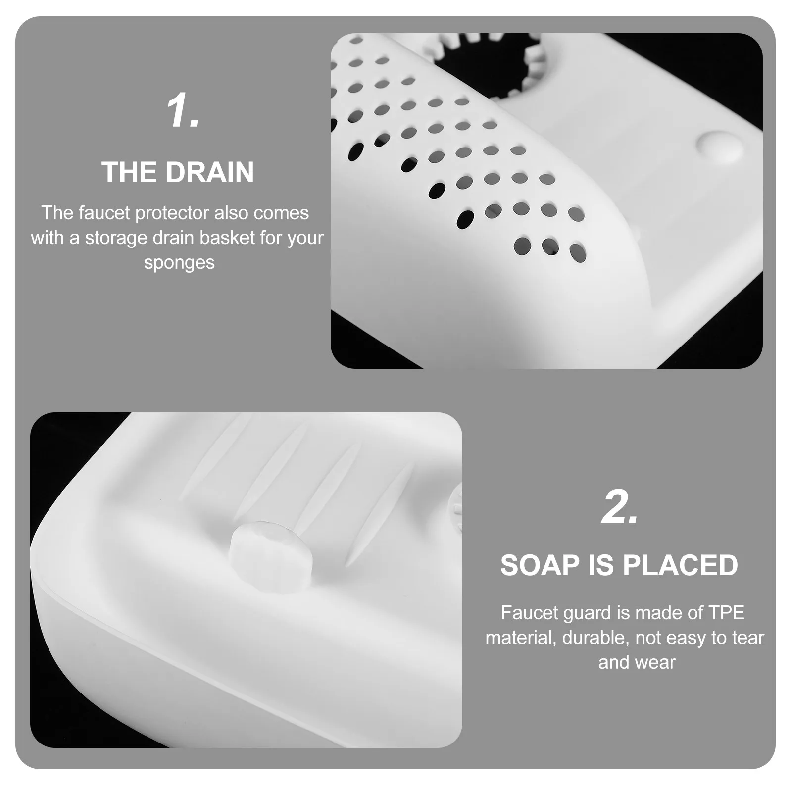 Kitchen Sink Drain Mat Faucet Splashing-Proof Draining Rack Adjustable Hole Faucet Guard Rack Storage Basket Sponge Brush Holder view 5