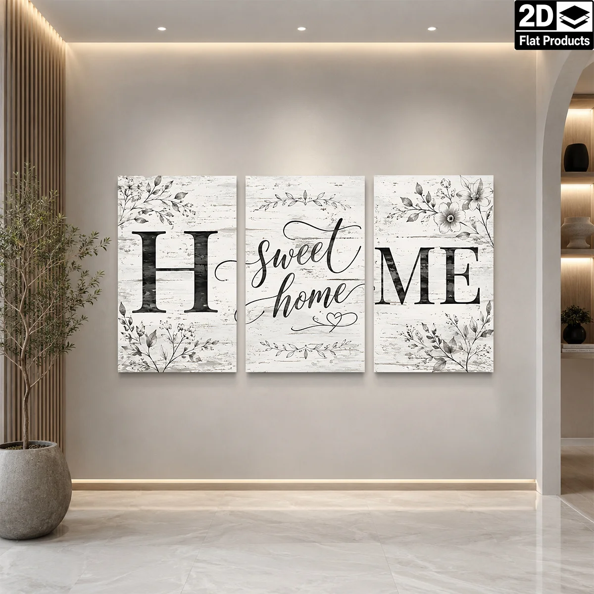 2D Flat 3PCS - Three panels with H SWEET HOME ME and floral designs on white textured background Themed Canvas Wall Art, Wate
