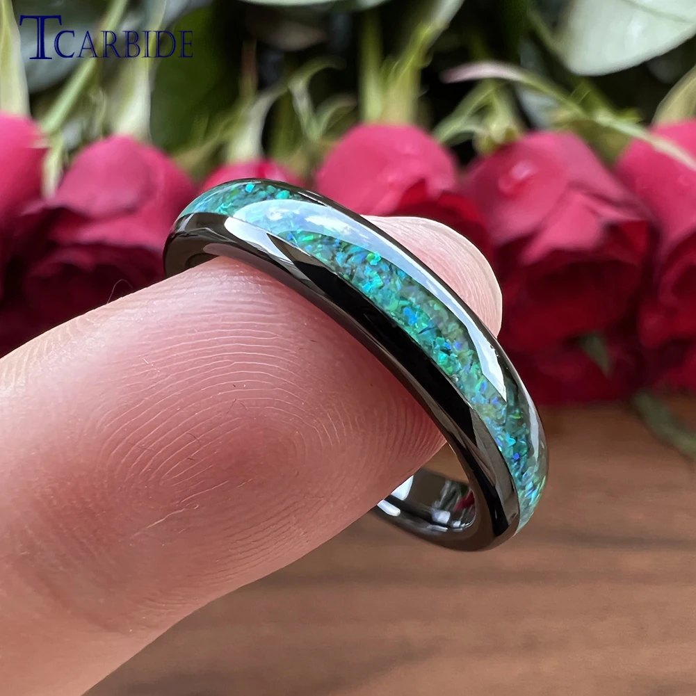 4mm Black Opal Ring Women Tungsten Engagement Wedding Band Domed Polished Stylish Gift Jewelry Comfort Fit