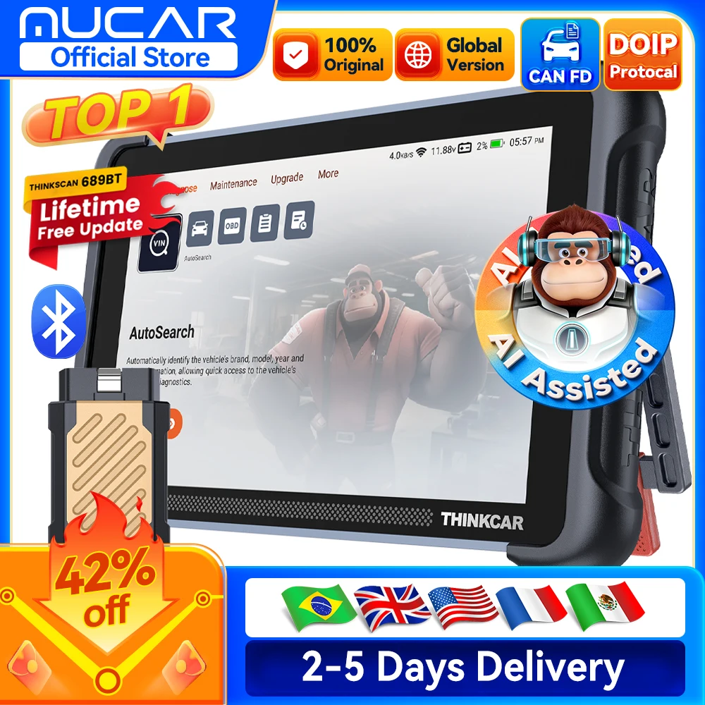 Global Version THINKCAR THINKSCAN 689BT OBD2 Diagnostic Tool DOIP CANFD Bi-directional ECU Coding 35 Resets Lifetime Free Update