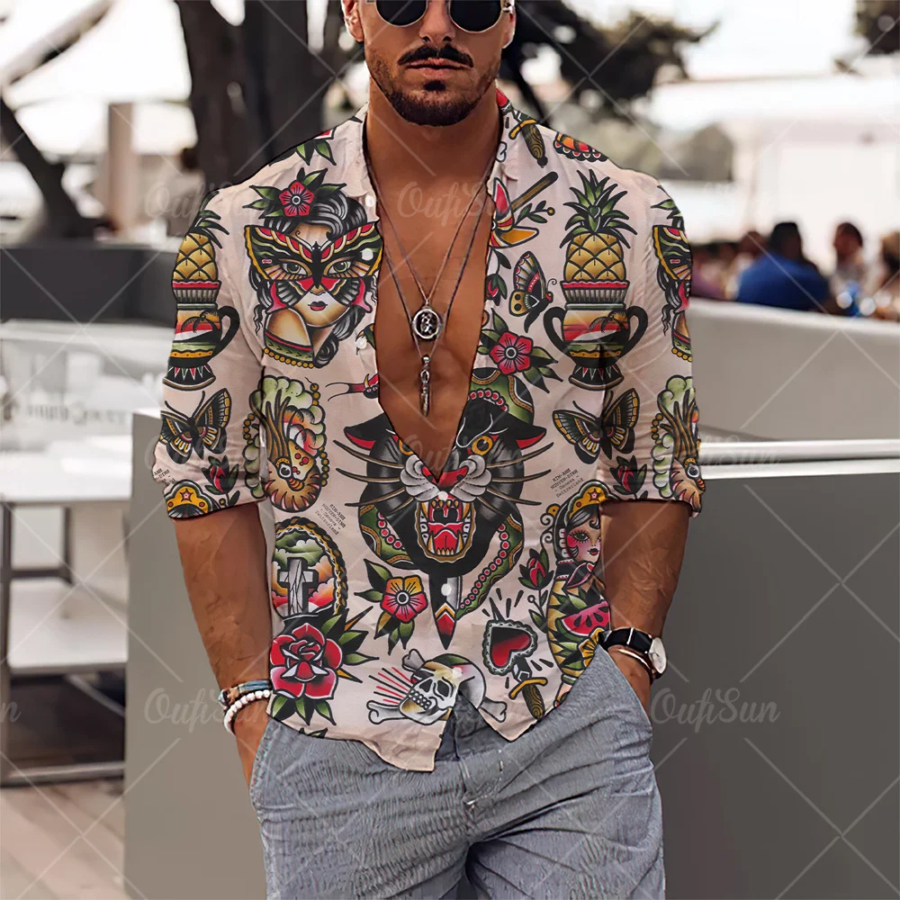 2024 neue hawaiian ische Meerjungfrau Mythen 3D-Druck Männer Hemd Revers Blumen Langarm soziale Streetwear männlich lose Tops Kleidung lässig