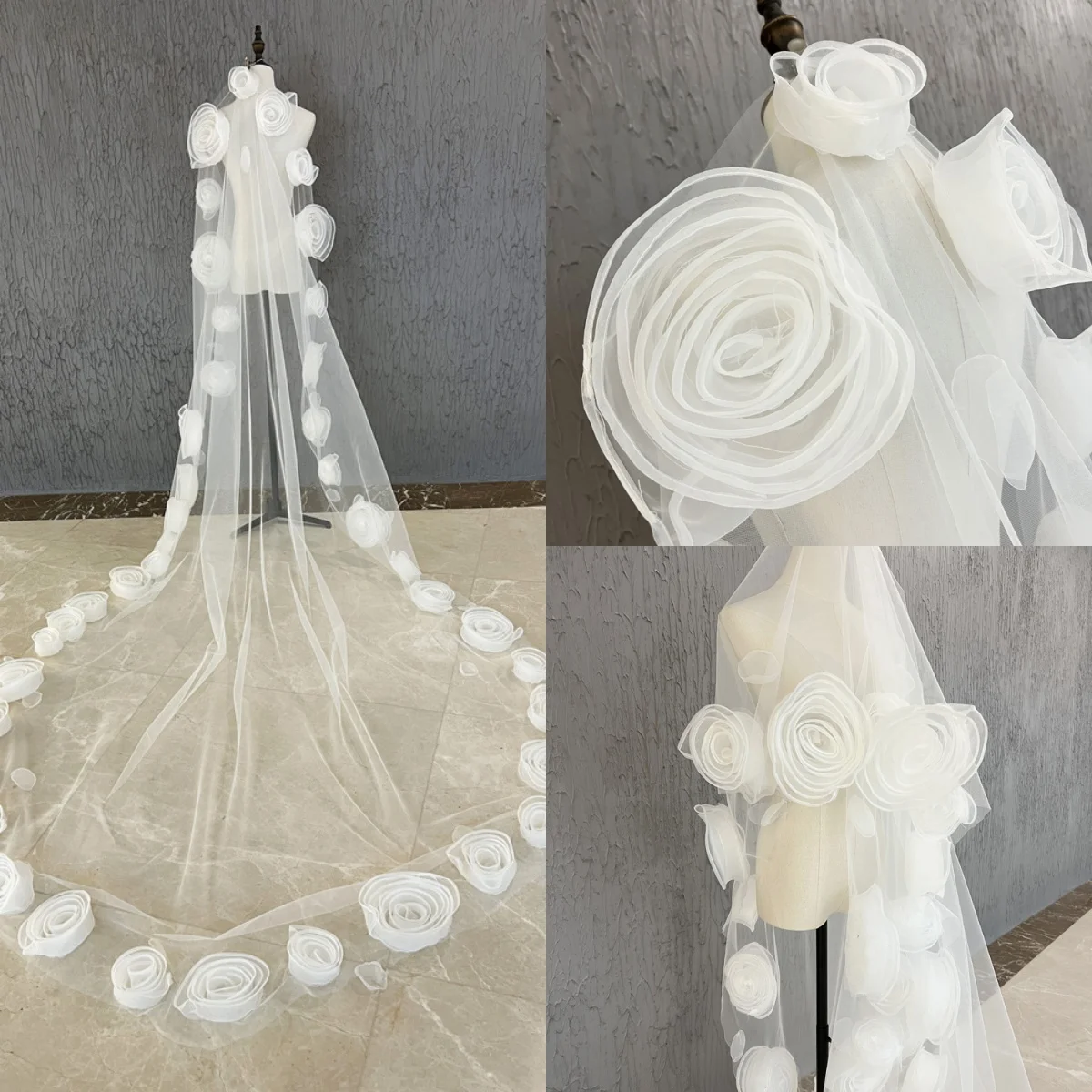 Designer Wedding Veil Handmade Flowers Lace One Layer Cathedral Length Bride Veils Applique Edge For Bridal Customized