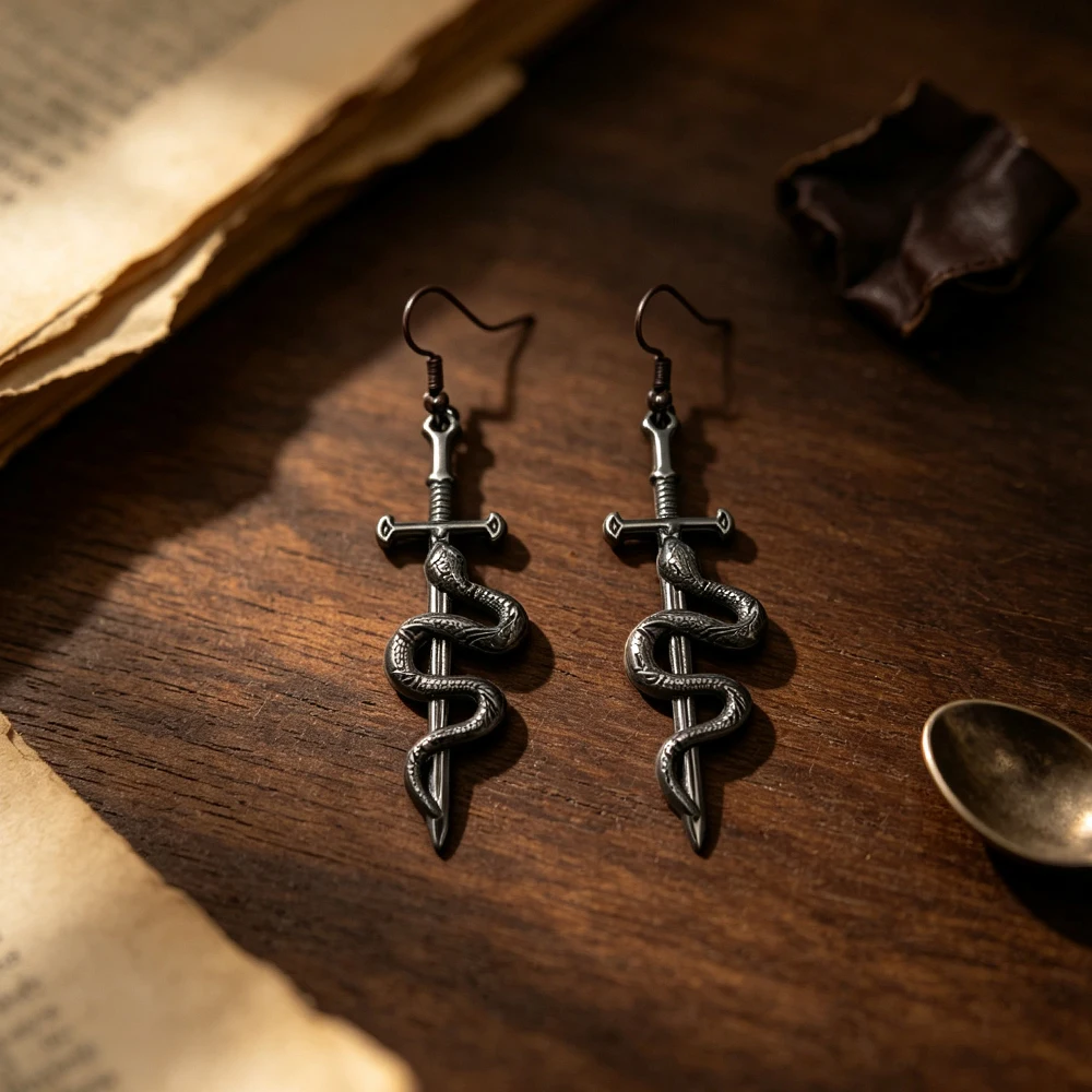 Snake-Wrapped Sword Earrings, Vintage Distressed Dark Snake-Sword Pendant Earrings, Gothic Punk Style Personalized Earrings