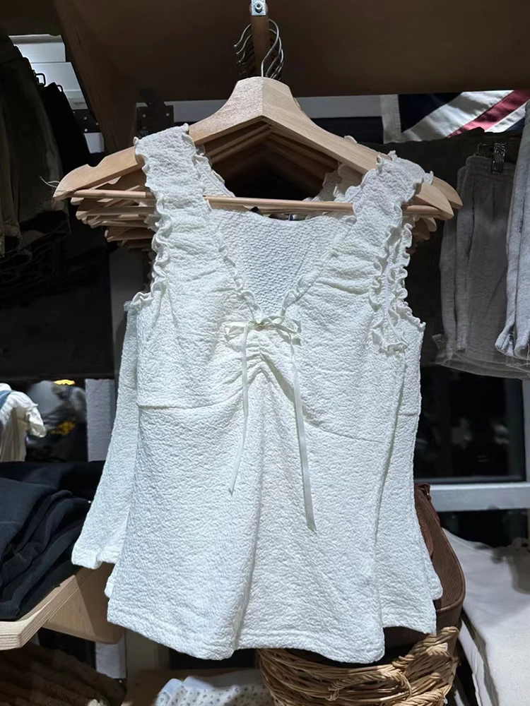 

Sweet White Ruffles Bow Tank Tops Solid Folds V Neck Cotton Sleeveless Summer Vests Women Harajuku Vintage Cute Slim Tops Y2k