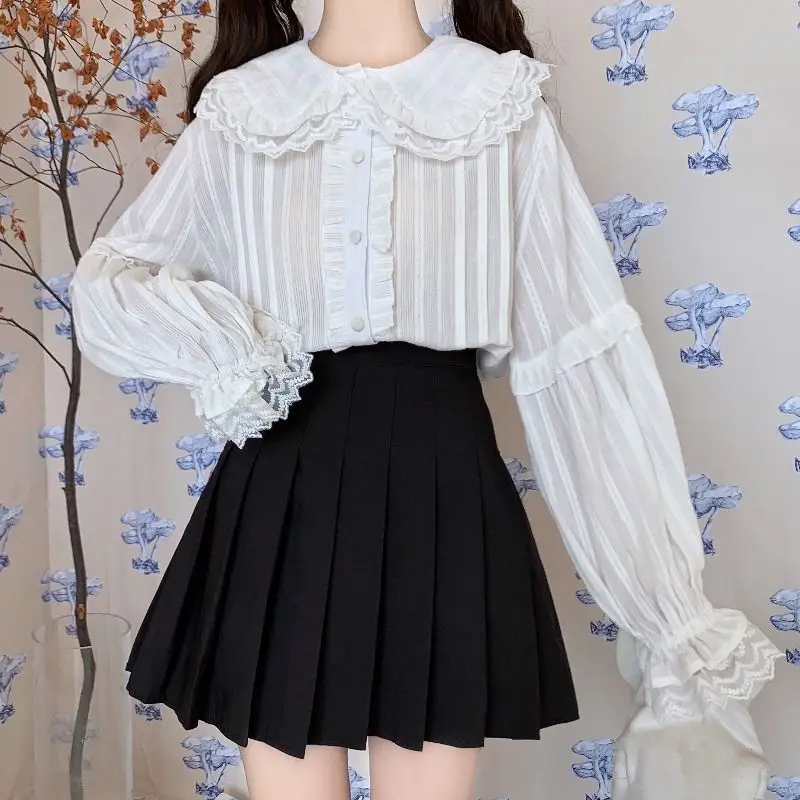 Autumn Kawaii Lace Patchwork Lolita Blouse Women Japanese Soft Sweet Cute Shirt Preppy Style Chic Fairy Jk Shirt Long Sleeve Top