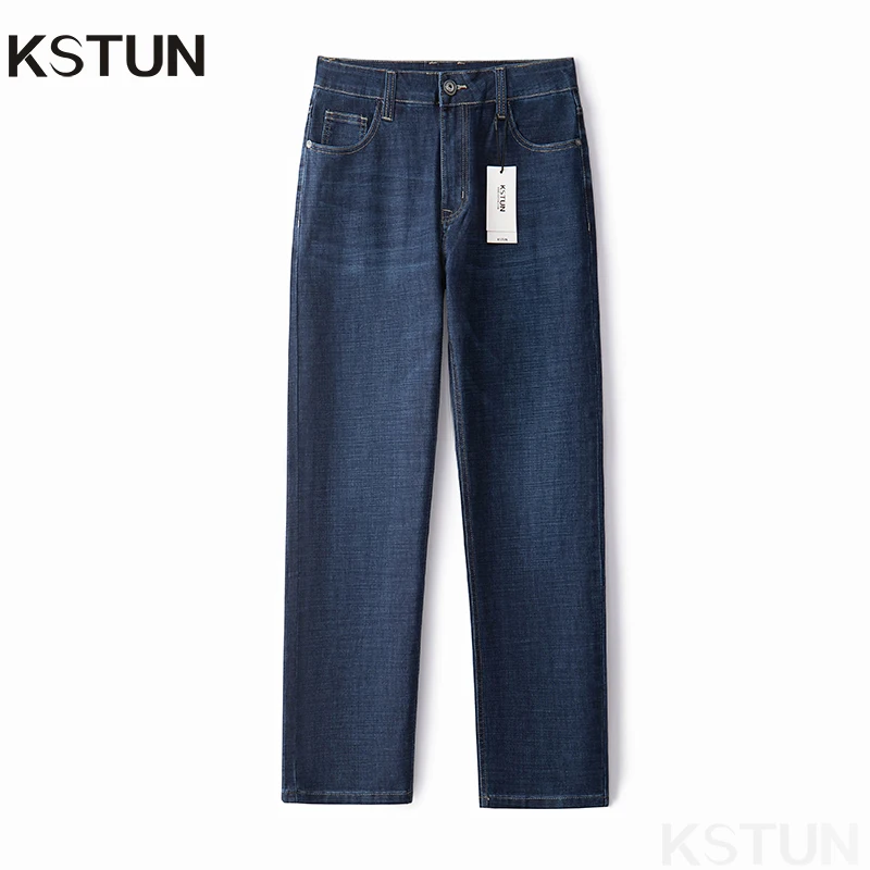 

KSTUN Business Casual Jeans For Men Solid Blue Straight Cut Regular Fit Male Denim Pants 2024 New Arrival Full Length Trousers