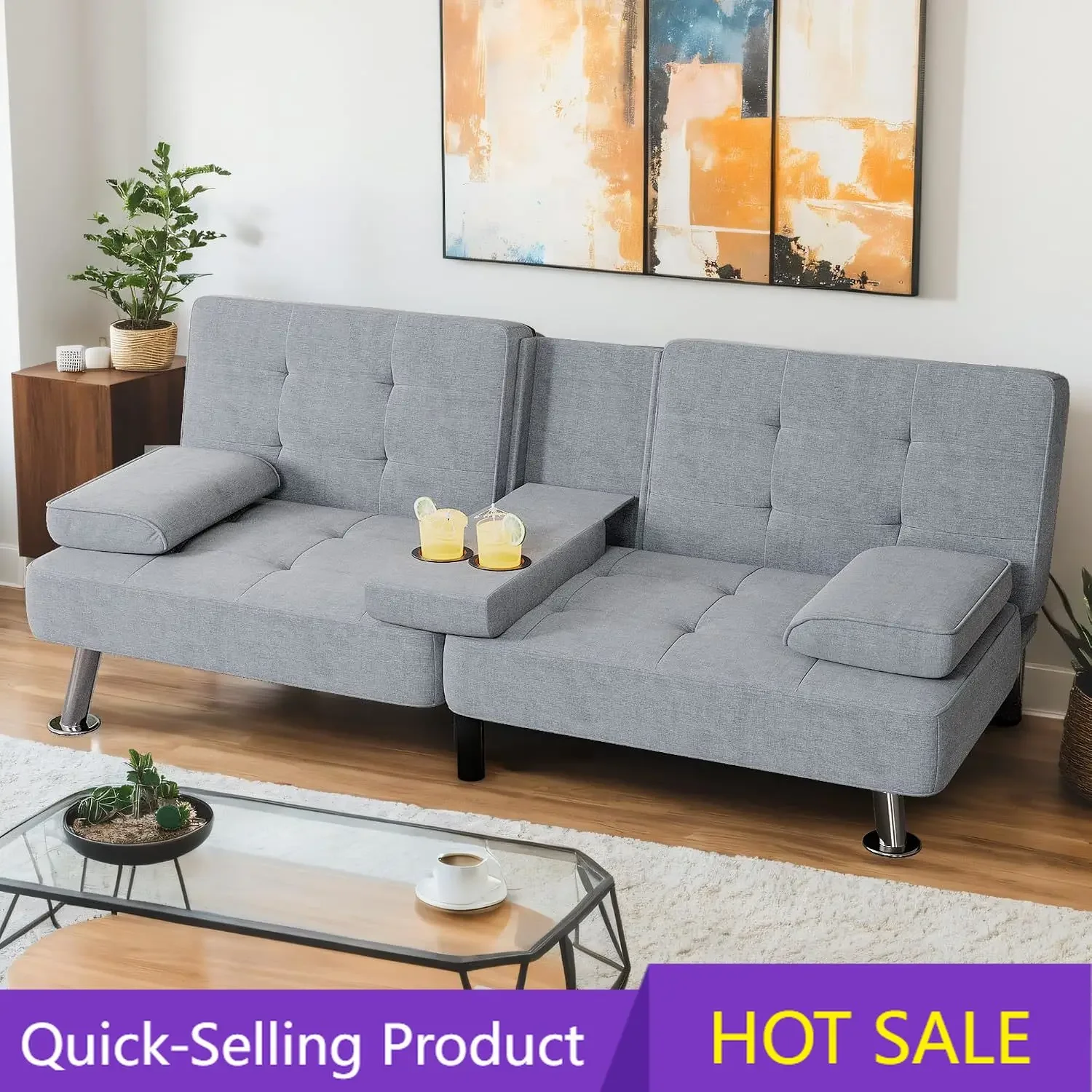Convertible Folding Futon Sofa Bed,Upholstered Sleeper Loveseat | Linen fabric futon with removable armrests, metal legs & 2 cup
