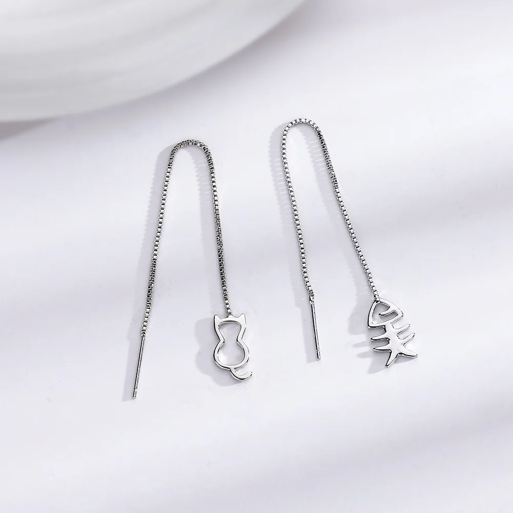 Fashionable Cat Fish Ear Line Long Tassel Earrings Personalized Korean Cute Kitten Fish Bone Cat and Fish Ear Accessories