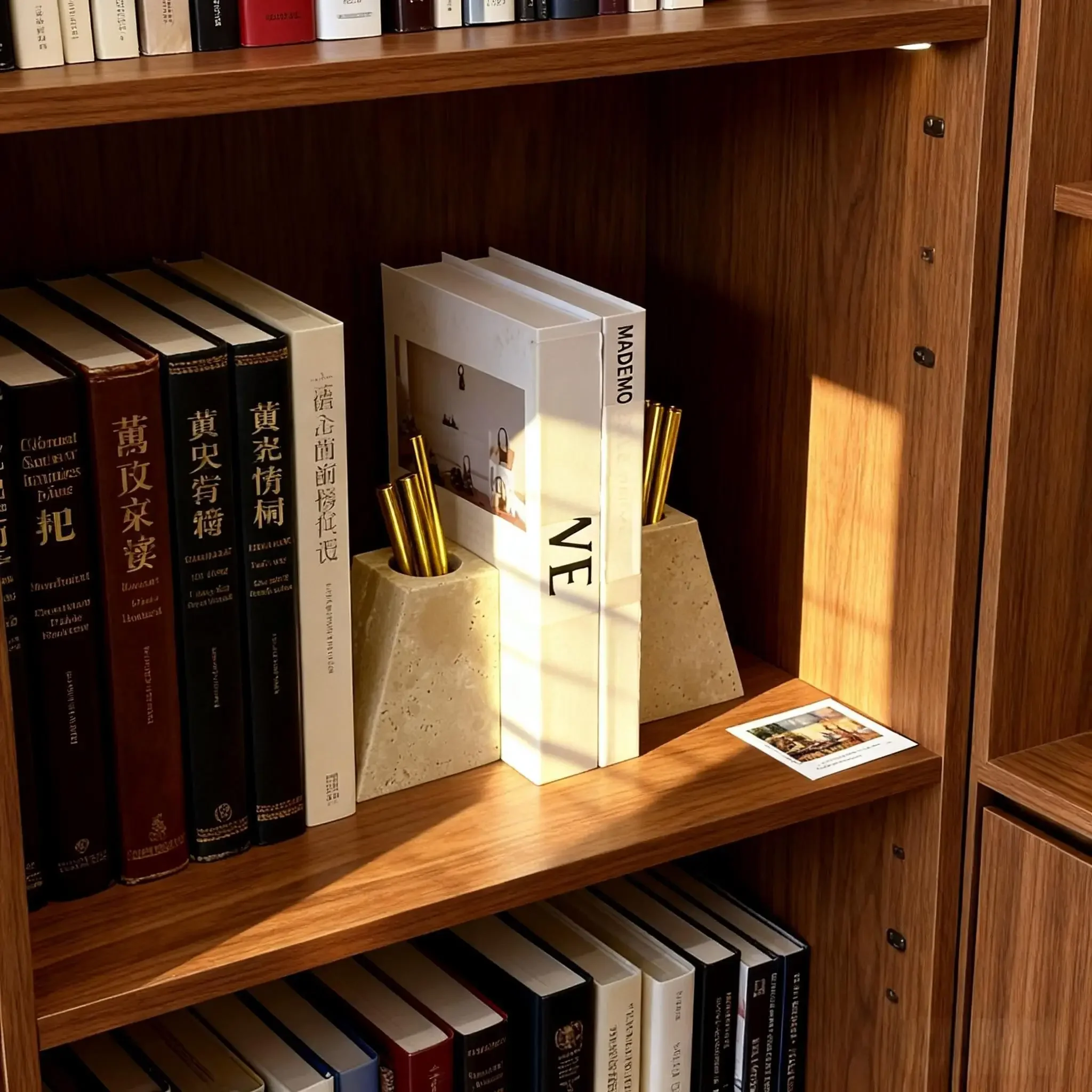 Natural travertine trapezoidal pen holder and bookend, suitable for storing makeup brushes, lipsticks, and perfumes.