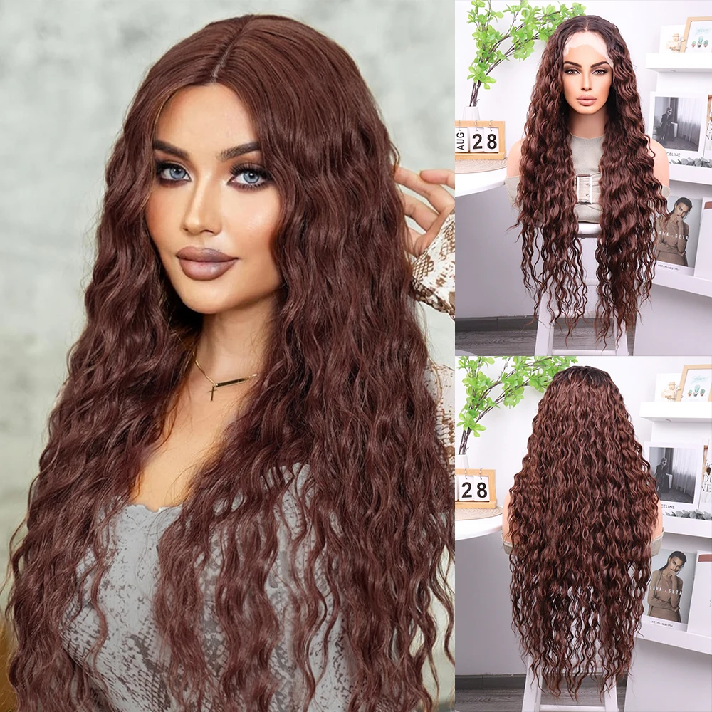 Synthetic Deep Brown Fancy Fashion heat-resistant fiber Glamorous 13*4 Lace Front Wigs 180 Density Long Curly wig