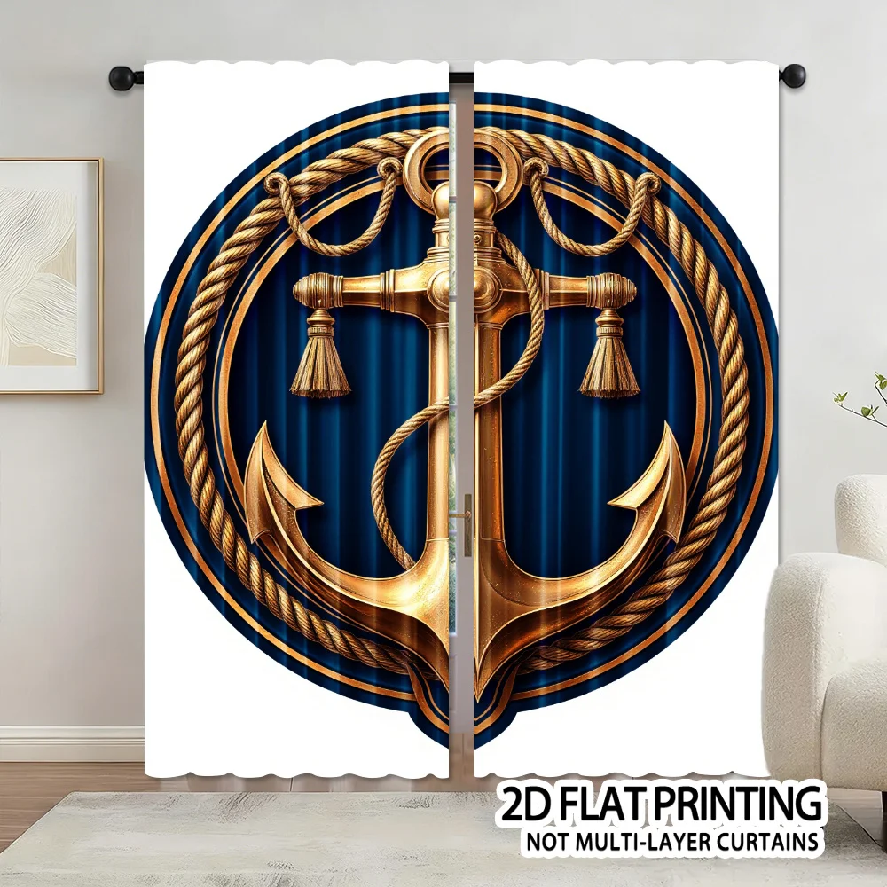 Elegant Nautical Anchor Curtain Gold Blue Marine Luxury Decorative Drapes for Living Room Window Home Decor Statement Window