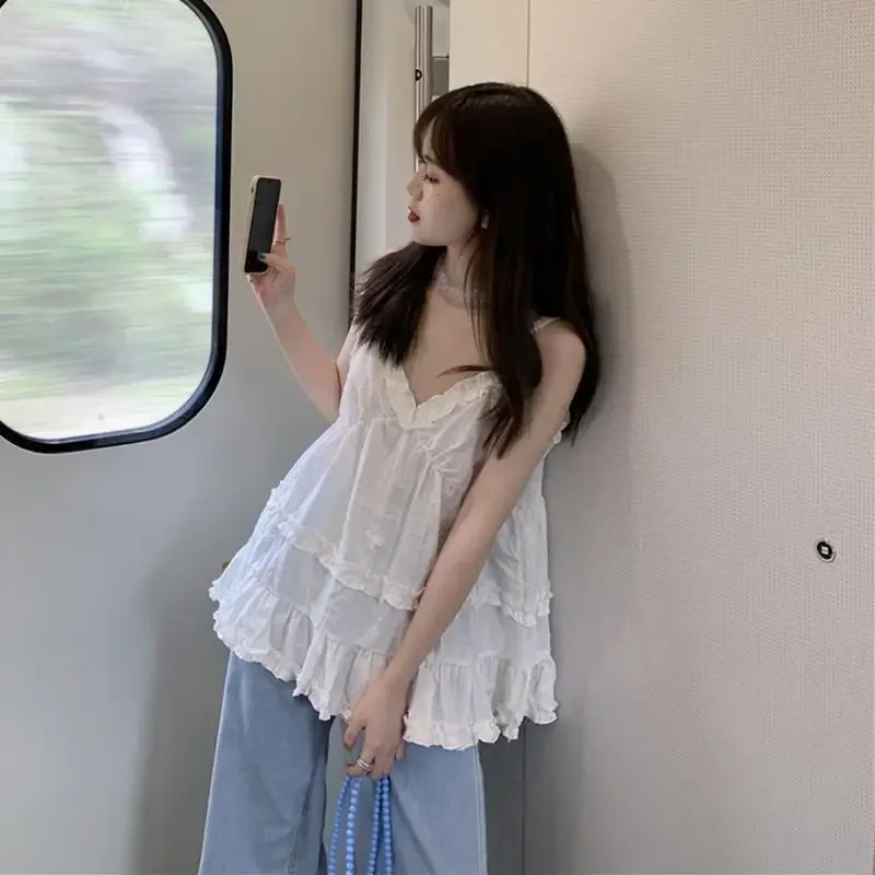 

Camisole Women V-neck Ruffles Sweet Design Pure Color Korean Style Summer Holiday Beach Fashion College Simple Tops Femme Soft