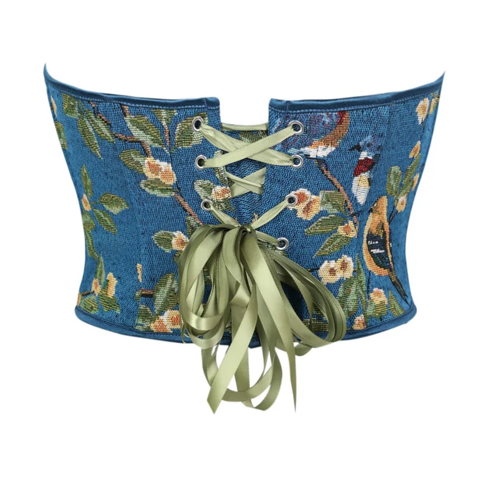 

French Style Retro Print Overbust Corset Crop Tops Blue Lace-up Sexy Strapless Slimming Shaper Boned Bodice