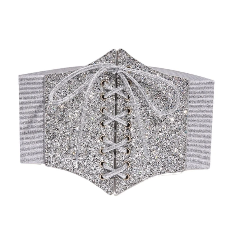 

Women Glitter Wide Cropped Top Lace Elastic Corset Belt Slimming Waspie