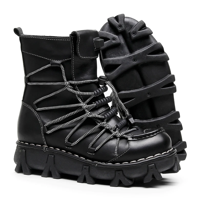 

Fashion Men's Genuine Leather Motorcycle Boots Goth Punk Winter Western Cowboy Boots Lace-up Mid-calf Thick Sole Riding Boots