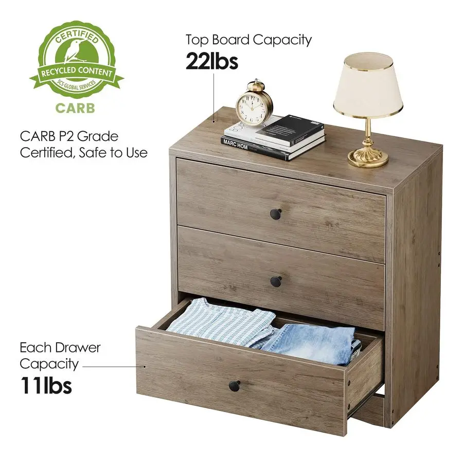 Mesitas de noche, mesita de noche de madera de granja con 3 cajones de almacenamiento, cómoda pequeña de madera, mesita de noche para Be