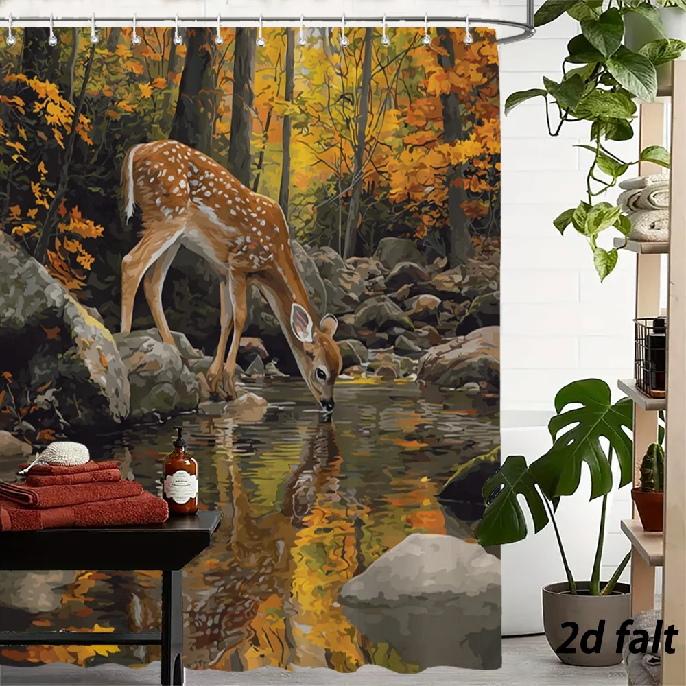 Autumn Deer by Pond Forest Scene Shower Curtain - Woodland Wildlife Nature Bathroom Decor