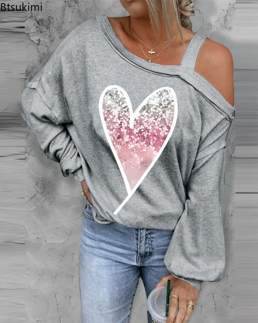 

2024 Women's Spring Fashion Casual Heart Pattern Printed Tops Diagonal Shoulder Long Sleeve Pullover T-Shirt for Women Shirts