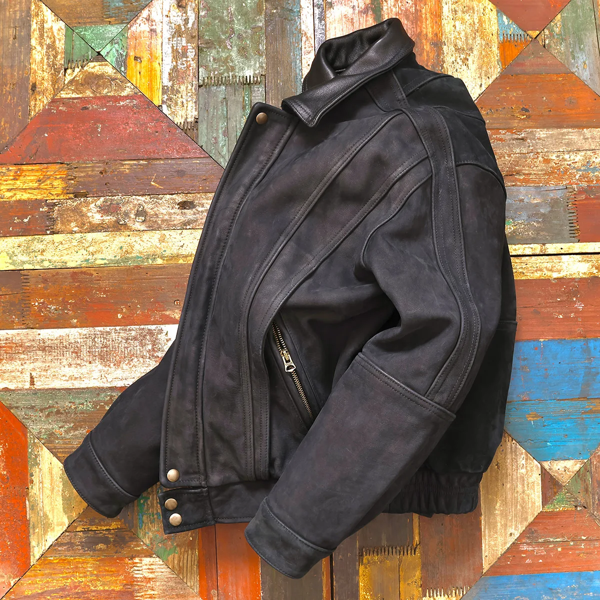 أسود الشتاء سترة جلدية الرجال ريترو خمر نمط حجم كبير 5XL حقيقية البقر الطبيعي المدبوغ فضفاض بدوره إلى أسفل طوق معطف جلد