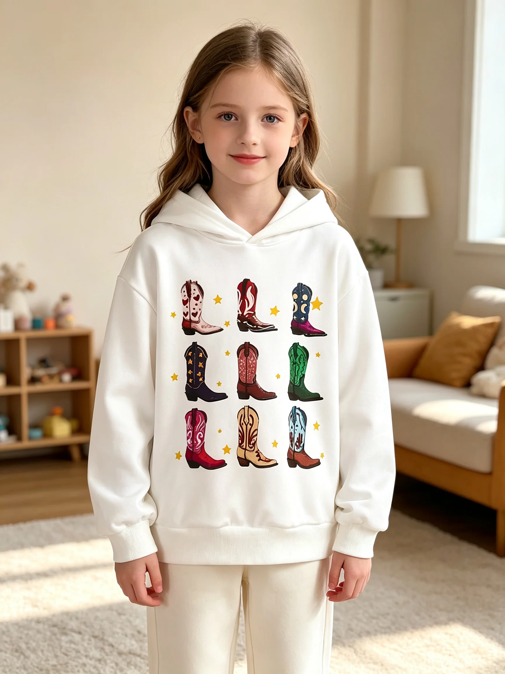 Children's White Hooded Sweatshirt, European and American Style Casual Long-Sleeve Top for Girls, Vintage Colorful Western Cowboy Boot and Star Print Pullover Hoodie, Loose and Versatile for Spring and Autumn, Trendy Children's Clothing for Little Girls' Daily Outings