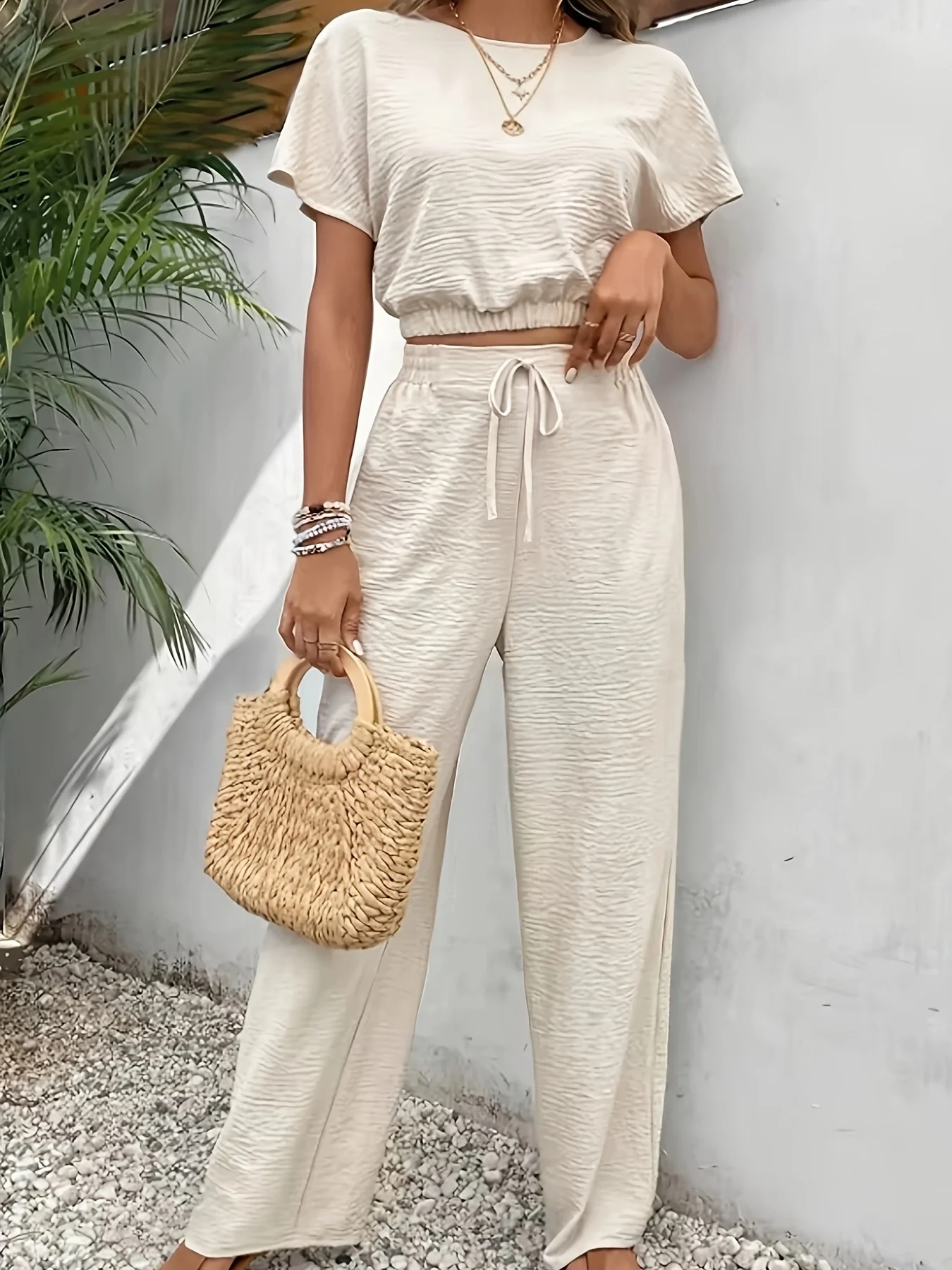 Summer Hot Item! Lazy and Relaxed Casual Outfit, Textured Wide-Leg Pants and Short-Sleeve Women's Two-Piece Set