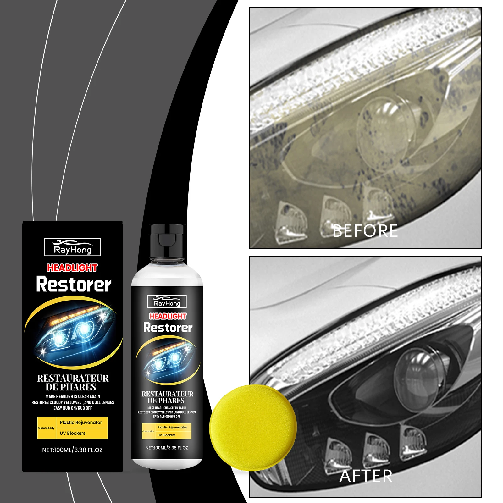 Headlight Restoration Kit Car Lens Cleaner Polish Removes Yellowing Haze Scratches for Foggy Headlights Restores 90%+ Clarity