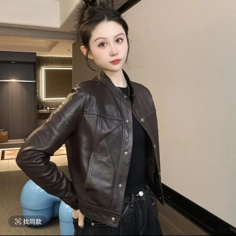 2025 New Leather Jacket for Women in Autumn Short Stand Collar Leather Jacket Motorcycle Versatile Single-row Jacket