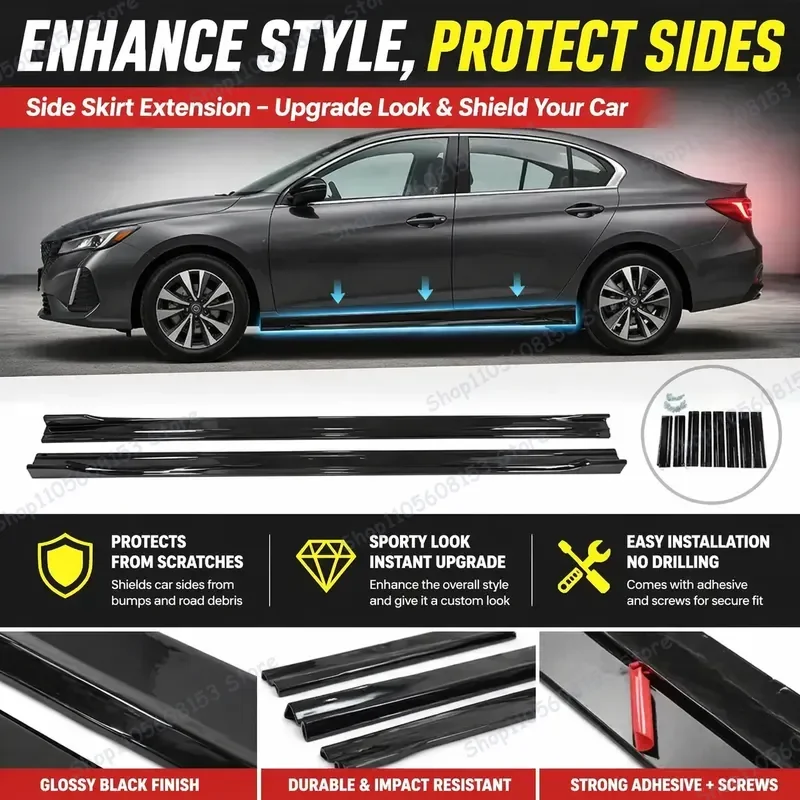 For Peugeot 408 206 208 3008 308 307 301 2M Car Side Skirt Extension Lip Kit Bumper Add On Racing Spoiler Body Kit