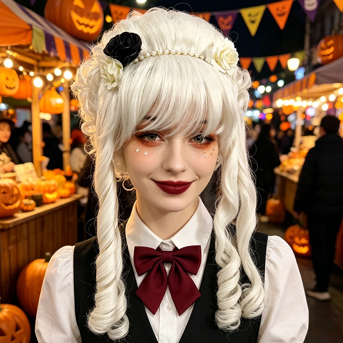 Perruque synthétique bouclée blanche style victorien avec frange et décoration florale pour femme, idéale pour le cosplay gothique Lolita ou Halloween