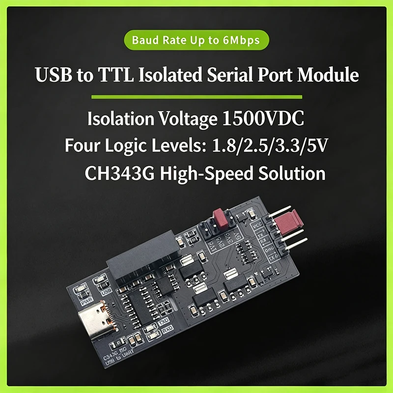 CH343G Isolated USB To TTL Serial Module Type-C Interface 1500VDC Isolation Voltage 4 Level Logic 1.8V/2.5V/3.3V/5V