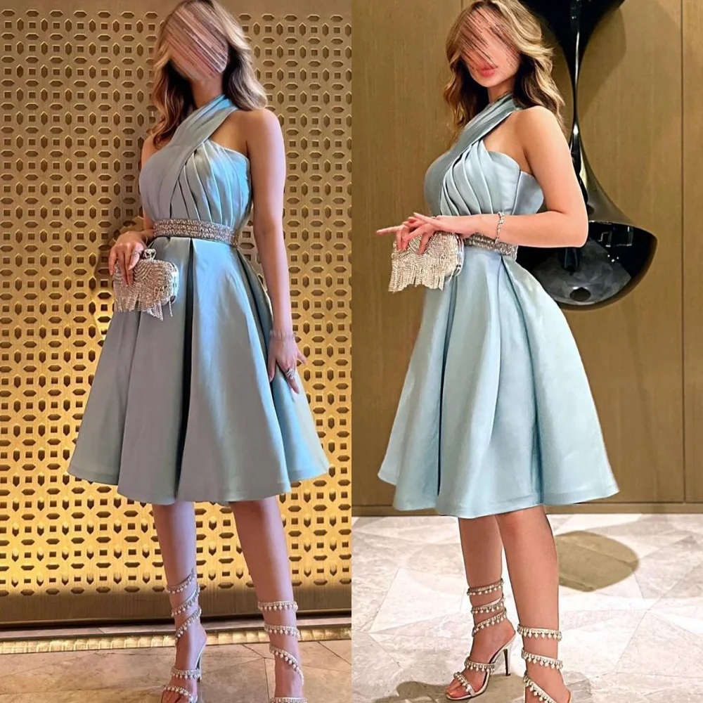 Personalizado clássico halter sem mangas vestido de noite de alta qualidade cetim vestidos de baile delicado a linha cristal cinto vestidos de festa