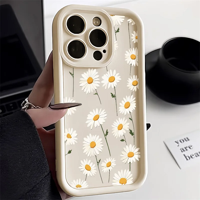 Cute Sunflower Phone Case For iPhone 14 11 15 Pro Max 12 13 XR X XS 16 Pro Max 15Plus Case Lens Protection Liquid Silicone Cover