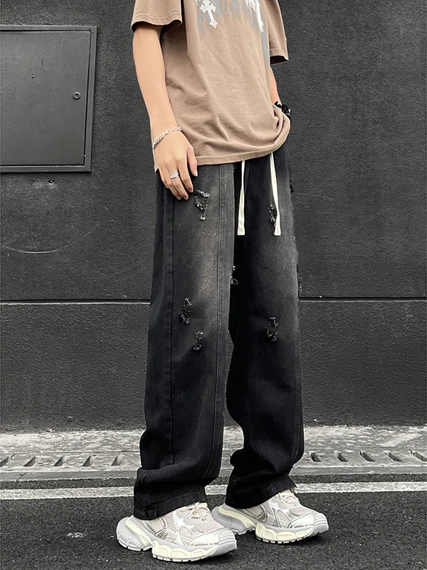 

Waed Ripped Straight Leg Jeans Men's Casual Long Trousers Spring Autumn American High Street Sle Loose Fit Denim Jeans