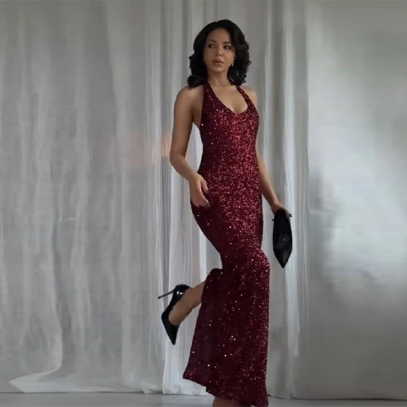 Glitter brilhante grânulo pendurado pescoço vestido sexy ver através sem mangas sem costas 2025 novos vestidos de noite femininos festa clube robes