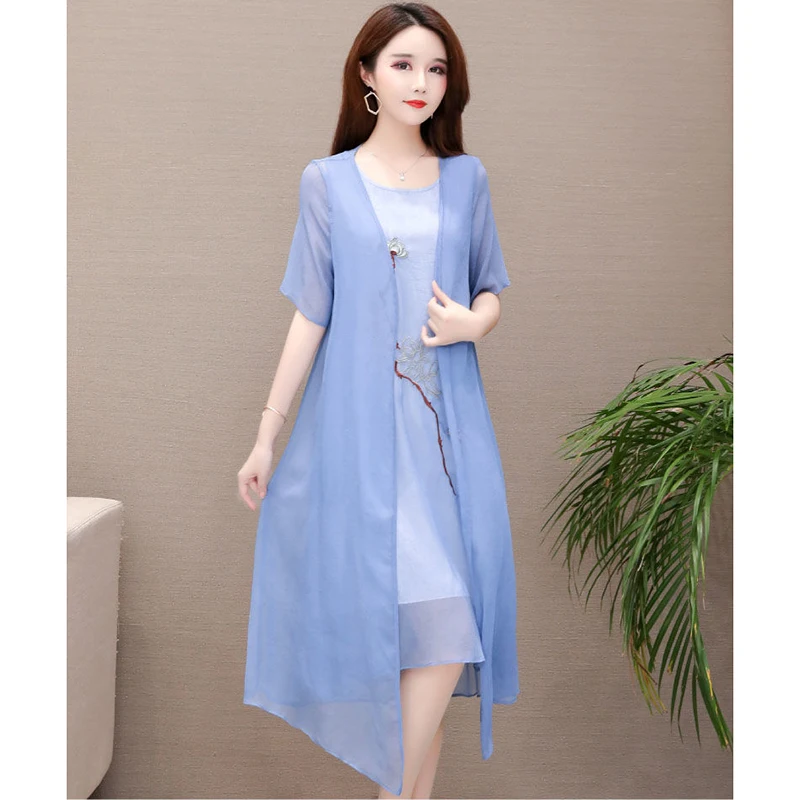 2PCS/Set Dress Sets Vintage Embroiderd Women Chiffon Dress With Cardigan Casual Women Elegant 2023 Summer Long Dress Suit 4XL