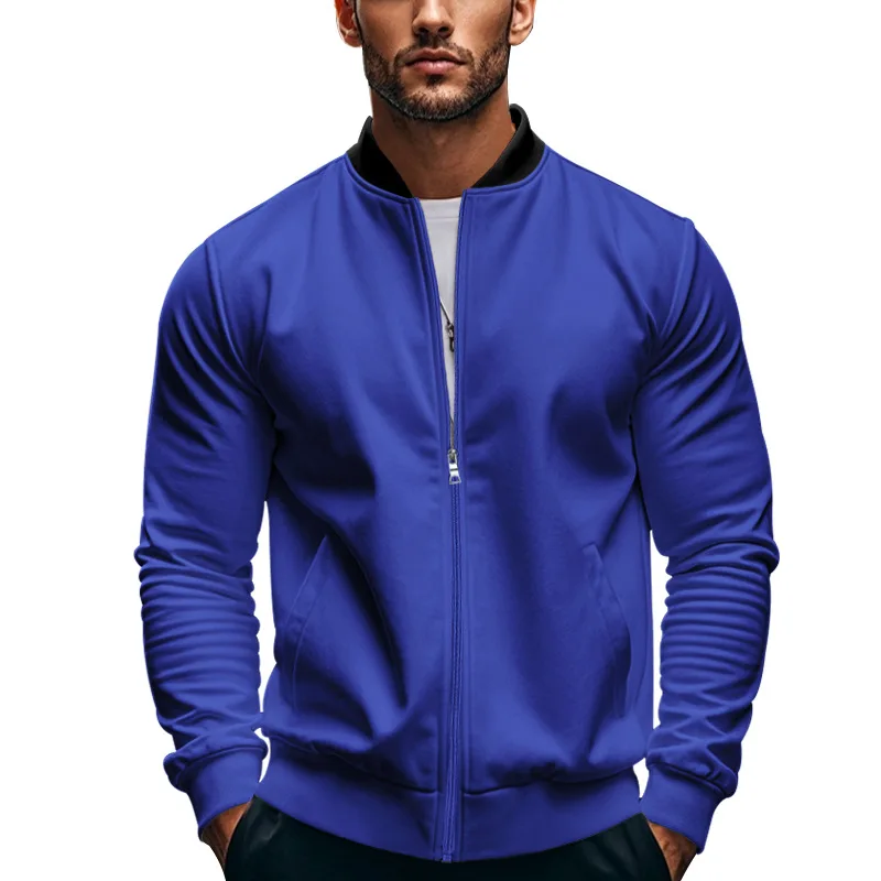 Men Color Block Collar Bomber Jacket, Full Zip Stand Collar Lightweight Knit Sweat Cardigan Casual Baseball Coat