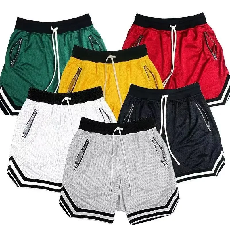 Quick drying sports shorts with zippered pockets for men summer striped edge running shorts gym training and fitness hiking shor