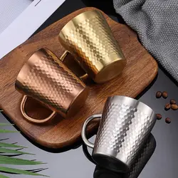 Stainless Steel Cold Water Drinks Cup with Handle Hammered Texture Double-Wall Beer Cups Milk Mugs for Kitchen Drinkware Bar