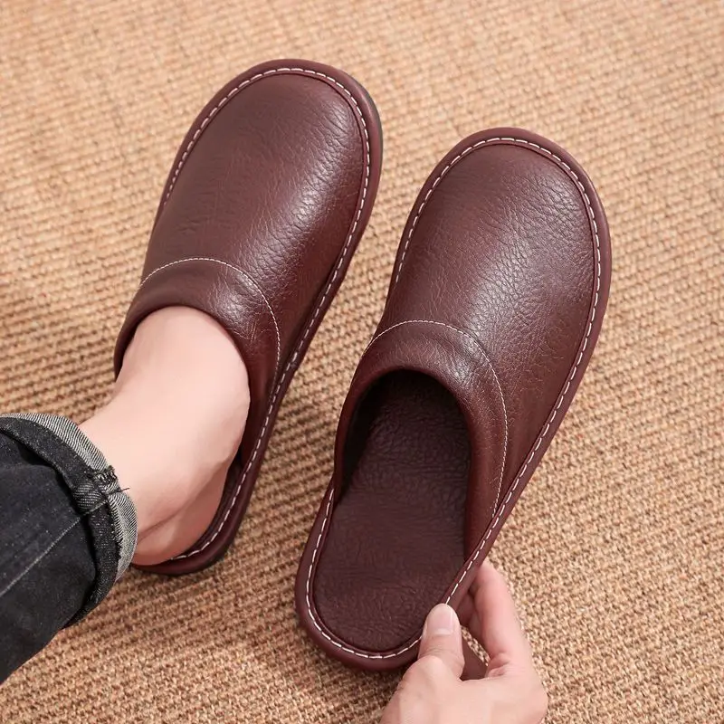 Lorilury Brand Home Leather Shoes for Men and Women Plus Size 47 48 Comfortable Slipper Males Brown Indoor Slides