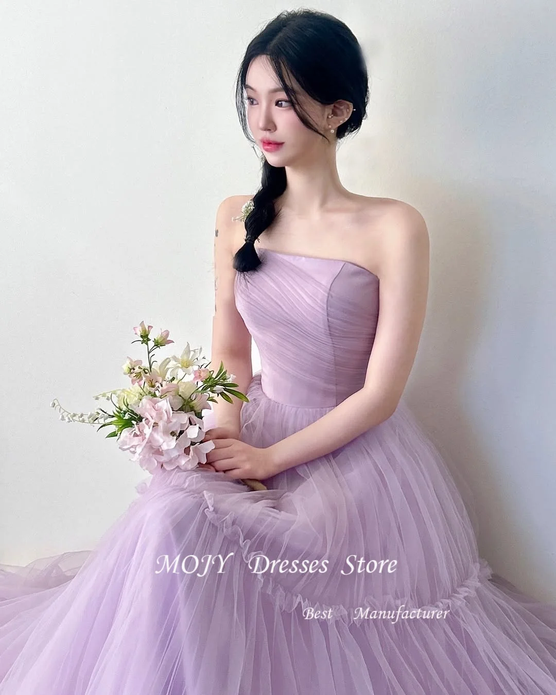 Mojy eleganti abiti da ballo viola senza spalline sexy sul retro lungo tulle increspato personalizzato abito da sposa coreano servizio fotografico