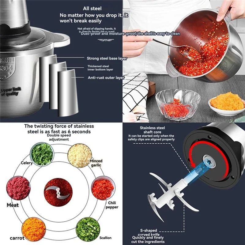 

B98A-Stainless Steel Meat Grinder Multipurpose Meat Grinder Kitchen Mixer Vegetable Grinder EU Plug Small Household Appliancs