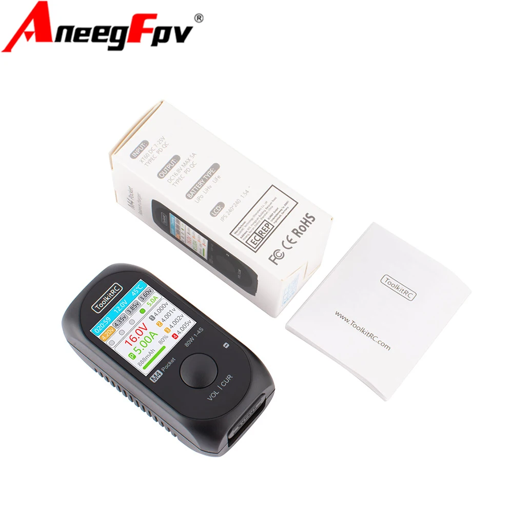 

ToolkitRC M4 Pocket DC 80W 5A XT30 XT60 Input USB-C Input/Output Charger for 1-4S LiPo Battery Quick Charger Function