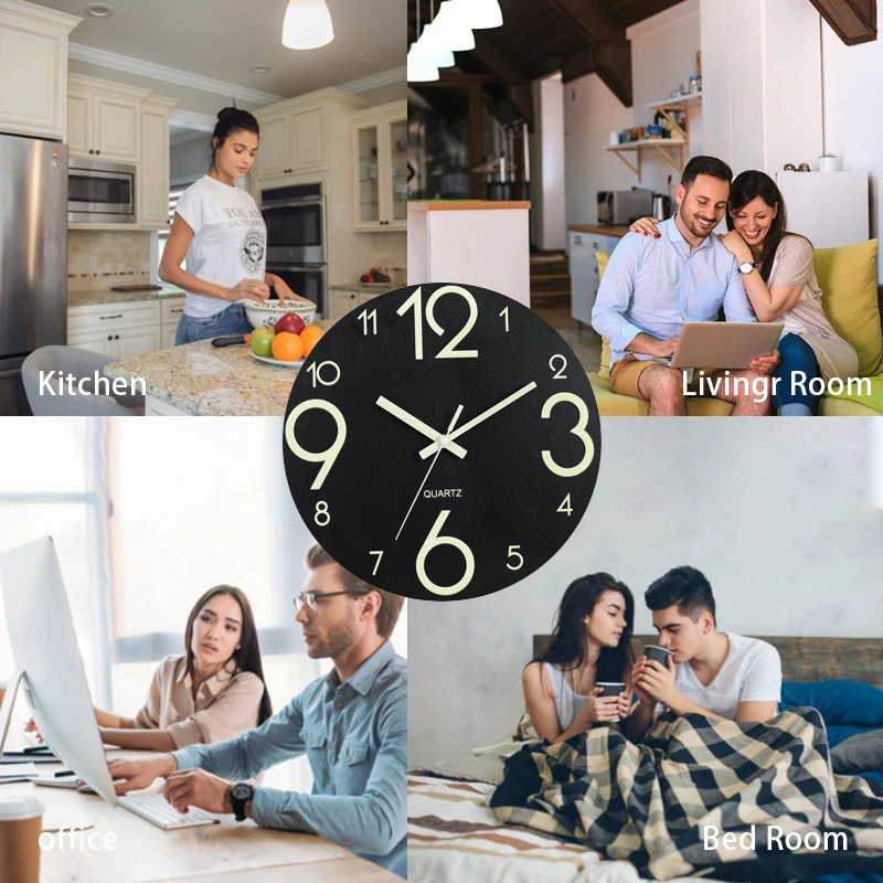 ساعة حائط بدون إطار مع إضاءة ليلية ، كتم الصوت ، مضيئة ، رقمية ، غرفة معيشة ، غرفة نوم ، ديكور ، 12 بوصة ، 1