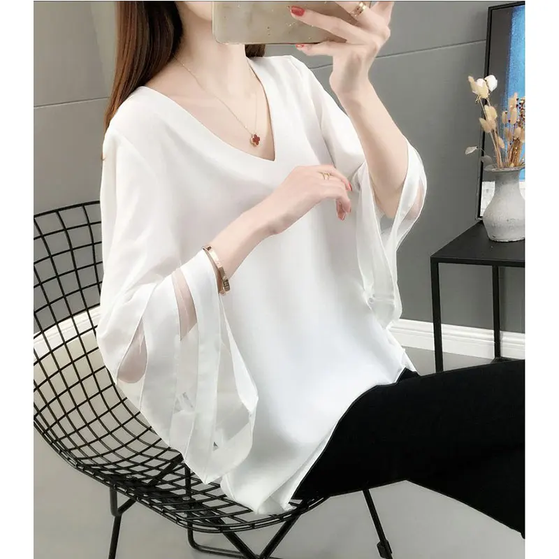 Women Summer New Style Korean Fashion Simplicity Solid Color V-neck Women Clothes Casual All-match Temperament Loose Top Tee