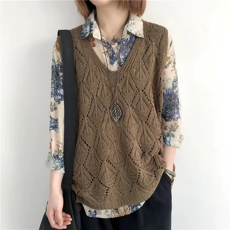 Women Retro Sleeveless Knitted Vest Lady Hollow Out Waistcoat  Spring Autumn Fashion Casual Pullover Sweater Y2k Tank Tops