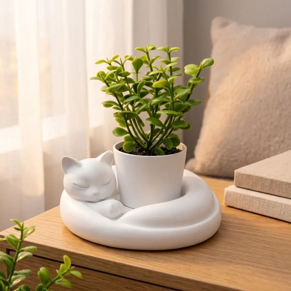 3D Printed Sleeping Cat Flowerpot Cartoon Animal Planter Plastic Lying Cat Shape Desktop Pot for Home Decor