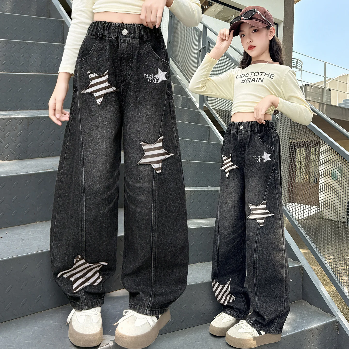 Mädchenmode, gestreifte Pentagramm-Jeans, Herbst 2022, neue große Mädchen, amerikanische trendige Hose mit geradem Bein, lockere Kinderhose