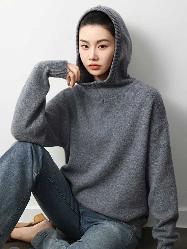 100 pure wool hoodie women's thick hooded knitted sweater autumn and winter new loose casual versatile cashmere sweatshirt